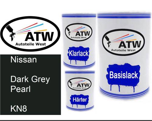 Nissan, Dark Grey Pearl, KN8: 500ml Lackdose + 500ml Klarlack + 250ml Härter - Set, von ATW Autoteile West.